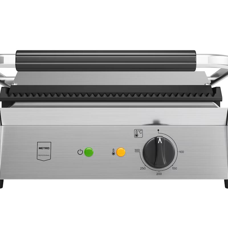 METRO Professional Plancha con Panini grill GPG1201, acero inoxidable, 43 x 36 x 20 cm, temperatura hasta 300 °C, 45 paninis cada 60 minutos, plata