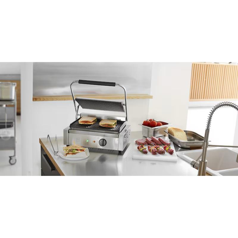 METRO Professional Plancha con Panini grill GPG1201, acero inoxidable, 43 x 36 x 20 cm, temperatura hasta 300 °C, 45 paninis cada 60 minutos, plata
