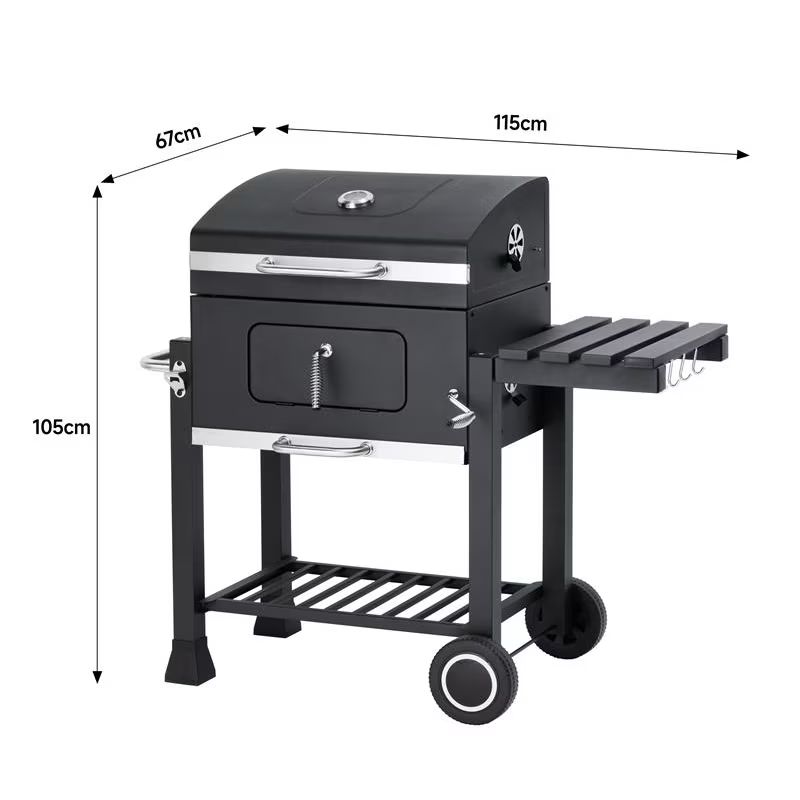 Tarrington House Barbacoa de carbón Memphis, acero/hierro fundido, superficie de barbacoa 41.7 x 57 cm, estante plegable, tapa con termómetro, negro