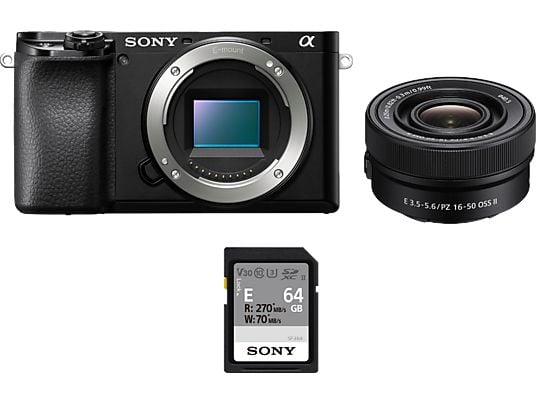 Cámara EVIL - Sony Kit Alpha 6100 (ILCE6100L) + Objetivo SELP16502 + Tarjeta SD 64GB, 24.2MP, Wi-Fi