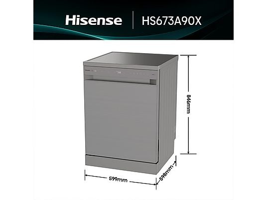 Lavavajillas - Hisense HS673A90X, 16 servicios, 7 programas, 59.9 cm, Conectividad Wi Fi, Tercera bandeja, Inox