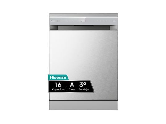 Lavavajillas - Hisense HS673A90X, 16 servicios, 7 programas, 59.9 cm, Conectividad Wi Fi, Tercera bandeja, Inox
