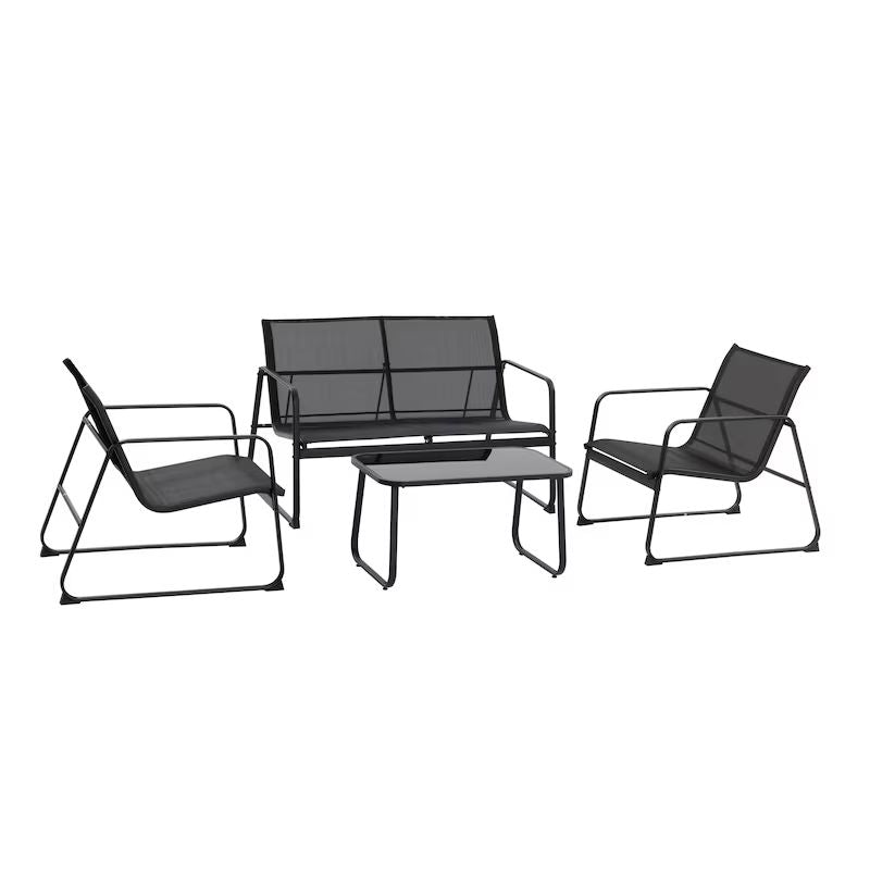 Tarrington House Salón de exterior, 4 piezas, acero/textileno, 2 sillones, 1 sofá de 2 plazas, 1 mesa de centro, negro